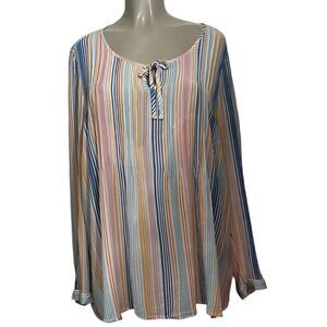 Collection L Top Women's Size 12 Multicolor Tie-Neck Vertical Stripe Long-Sleeve